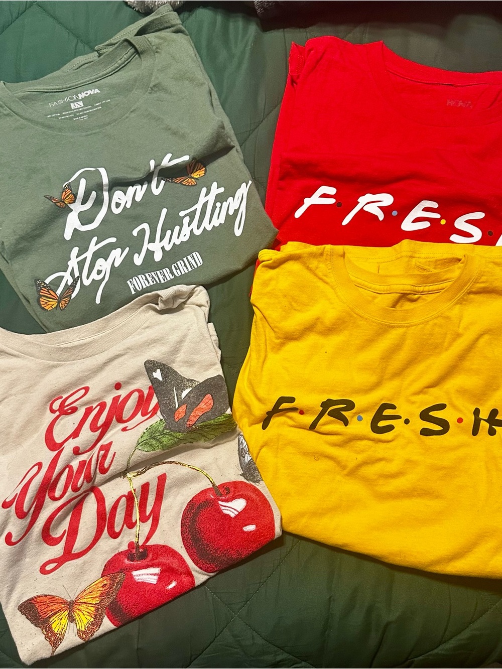 Fashion Nova Olive Green, Red, Yellow & Cream Graphic Tee Bundle